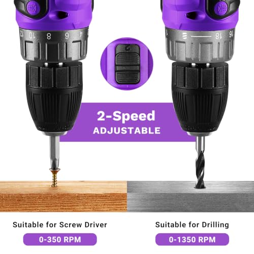 Power Drill Cordless: DEKO PRO Cordless Drill 20V Electric Power Drill Set Tool for Women Drills with Battery and Charger 20 Volt Drills Driver Kit Purple - color: Purple