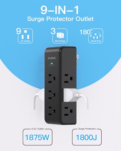 Surge Protector Outlet Extender Rotating Plug, 9 AC Multi Plug Outlet,Black - color: Black, size: 9AC, 1 Pack