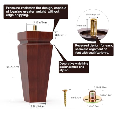 Wood Legs for Furniture 8 inch Heavy Duty Sofa Legs Square Brown Bed Legs Pack of 4, Sofa Replacement Parts, Dresser Leg, Cabinet Feet, Futon, Ottoman, Couch Legs, Couch Riser - color: Brown, size: 8"H*3.15"W
