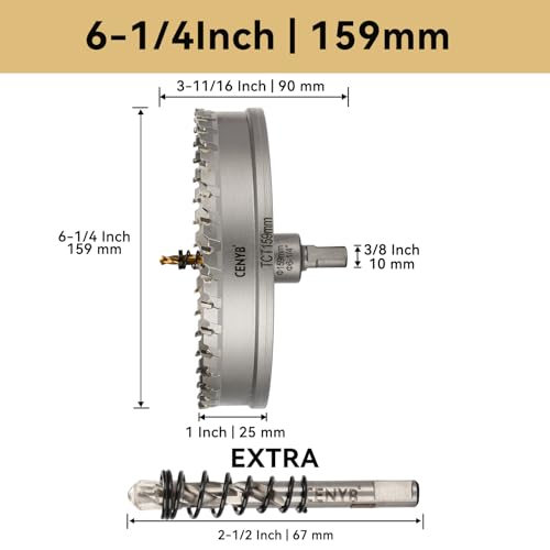 6-1/4" (159mm) Tungsten Carbide Tipped Hole Saw with 2Pcs Titanium-Plated Pilot Drill Bits for Hard Metal,Stainless Steel,Iron,Aluminum Alloy,Wood and Plastic - size: 159mm | 6-1/4"