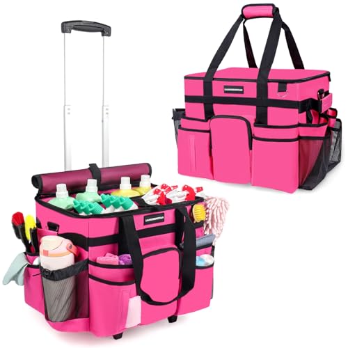 Large Rolling Cleaning Caddy Bag, Cleaning Caddy with Wheels with Detachable Trolley for Housekeepers, Water Resistant Cleaner Supplies Organizer with Wheels for Kitchen, Car, Picnic (Rose-Red)