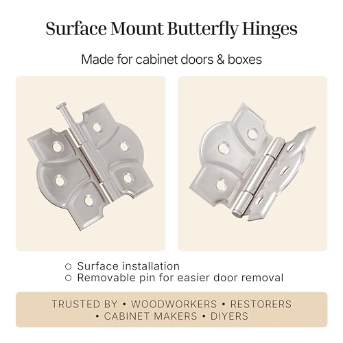 Polished Nickel Butterfly Hinges with Removable Pin - Pack of 2 - Surface Mount Cabinet Door Hinges - UA-261-HPN (1) - color: Nickel