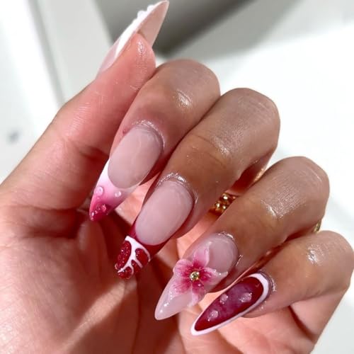 LPOODDNU 3D Flower Press on Nails Almond - Medium Red French Tip Fake Nails with Pearl Designs, Glossy Pink Finished Reusable False Nails with Adhesive Glue Tabs - 24Pcs Nail Kit for Women Manicure - color: red flower french tip