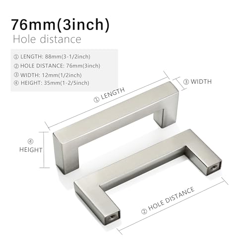 Cabinet Pulls Brushed Nickel Cabinet Handles Square Drawer Pulls, 5 Pack 3 Inch Stainless Steel Kitchen Door Cupboard Cabinet Handles, Cabinet Hardware Drawer Handles, 76mm Hole Centers - color: Brushed Nickel, size: Two Hole - 3 inch Hole Centers(76mm)
