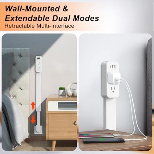 Electrical Outlet Extender Stick - Features USB-A, USB-C and 2 AC Outlets, Extends 22"-34", Rotates 180° Access Hard-to-Reach Outlets, Wall Plug Power Socket Expander Nightstands, Sofa, Desks and More - color: White