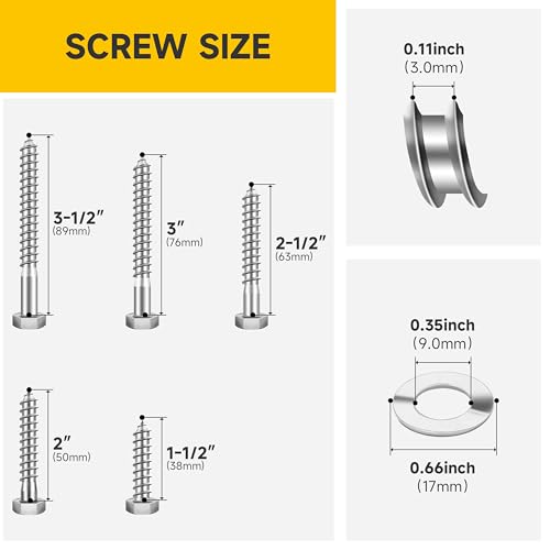 Mywish 3/8 Hex Head Lag Screws Assortment Kit, 46Pcs Heavy Duty Lag Bolts with Washers, 304 Stainless Steel Bolts 18-8 5-Size Wood Screws for Outdoor, Bright Finish 3/8 Bolt - size: 3/8 Assorted Kit