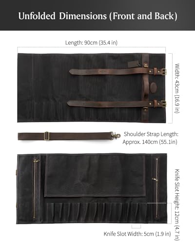 XINZUO Chef Knife Roll Bag Professional,16oz Waxed Canvas and Crazy Horse Leather,12 Slots Plus 2 Zipper Pockets,Adjustable Shoulder Strap-Travel Tool Roll Pouch(Bag Only) - color: Black