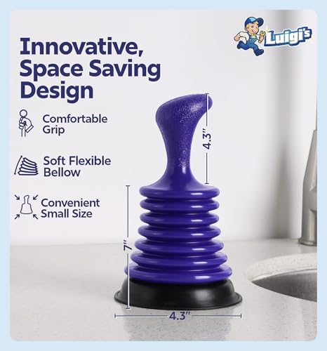 Luigi's Sink Plunger Kitchen - Sink Plunger Bathroom - Drain Bathtub or Shower - Small and Powerful Clog Remover - Commercial Style Plumbers Plungers with Large Bellows - Blue - Mini - color: Blue - Mini Sink Plunger
