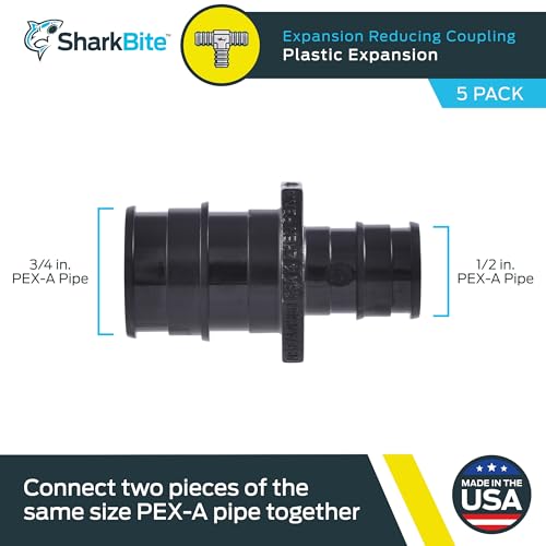 SharkBite 1/2 Inch x 3/4 Inch Expansion Reducing Coupling for PEX-A Pipe, Made in the USA, Pack of 5, Plastic Plumbing Fittings, Poly Reducing Coupling for PEX-A Tubing, UA058A5