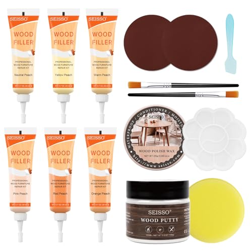 Wood Furniture Repair Kit, 6 Colors Wood Touch up Fillers Hardwood Laminate Vinyl Floor Repair Kit with Wood Putty, Wood Polish Wax for Hole, Scratch, Crack, Stain (Peach Wood 16Pcs) - color: Peach Wood 15 Pcs