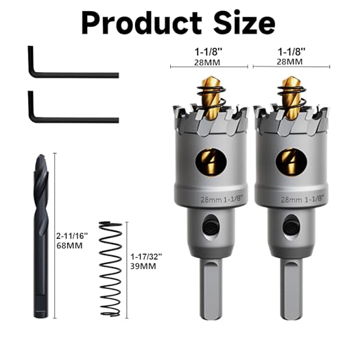 Metal Hole Saw 1-1/8"(28mm) 2Pcs Set Heavy Duty Tungsten Carbide Tipped Hole Cutters Set with a nitrided Step Drill and L-flench, for Steel Iron,Aluminum,Stainless stell,Plastic - size: 1-1/8"(28mm)-2PCS