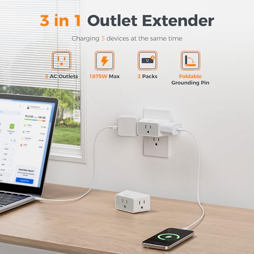 TESSAN Multi Plug Wall Outlet Extender 2 Packs with 3 Plug Wall Adapter
