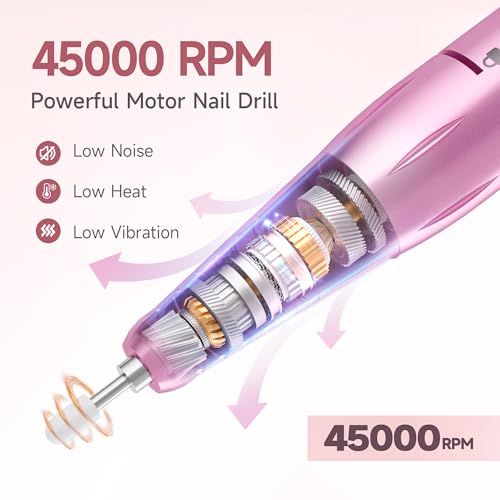 Professional Nail Drill, 45000RPM Rechargeable Cordless Electric File,Pink - color: Pink
