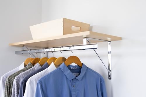 Custom Cut-to-Size Premium Wall-Mounted Shelf with Rod and Bracket Kit. 3/4" Thick Shelves, 14 inches deep. Customize the Length from 16" up to 72". - color: Maple - Chrome, size: 16 - 44