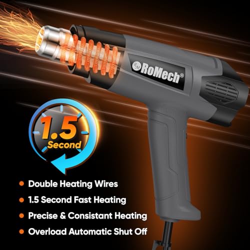 ROMECH 1500W Heavy Duty Heat Gun, Variable Temperature Control Hot Air Gun Kit with 2 Air Flow 120°F~1200°F and 4 Nozzles for Crafts Shrink Wrap (Gray) - color: Grey