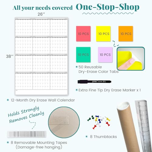 Large Dry Erase Wall Calendar - Blank Undated Yearly Wall Calendar - 38x26 Inches Whiteboard Premium Laminated Planner with 50 Reusable Color Tabs -12-Month Calendar Laminated Office Jumbo (Vertical) - size: 26"x38"Yearly