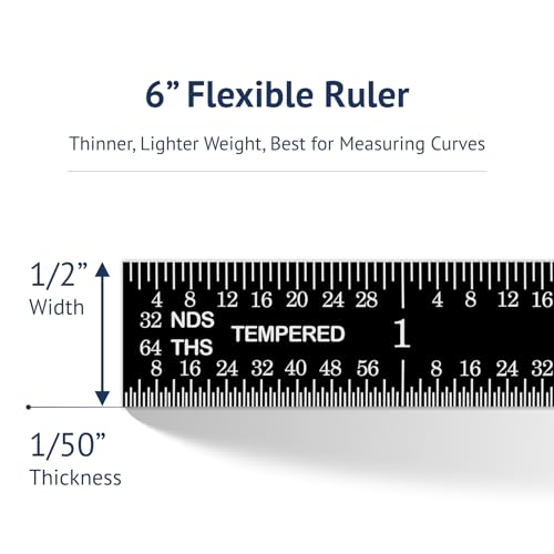 PEC Tools 6 inch Flexible Metal Ruler, Easy to Read Stainless Steel Ruler, High Contrast, 16R Graduation (1/32", 1/64", 1/50", 1/100"), Machinist Ruler with Black Chrome Finish, Made in USA - color: Black Chrome-Flexible, size: 6"