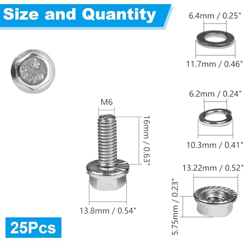 25 Sets M6-1.0 x 16mm Flanged Hex Head Bolts and Nuts Kits - size: M6-1.0 x 16mm
