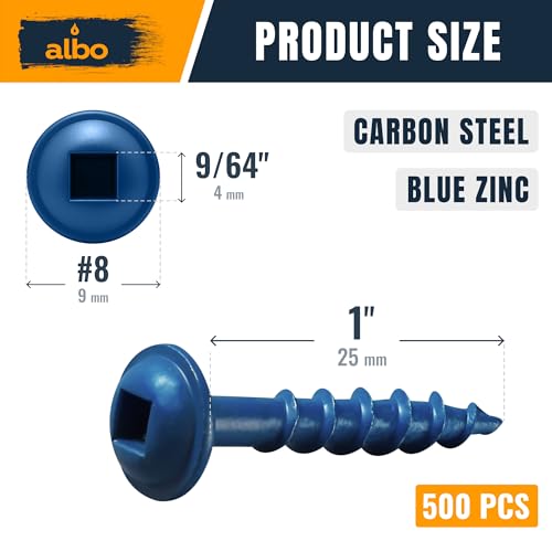 ALBO 500 PCS #8 x 1 Pocket Hole Screws, Heavy Duty Carbon Steel, Zinc Coated, Square Drive Wood Screws for Strong Wood Joinery, Cabinets & DIY Projects - color: Blue, size: #8 x 1"