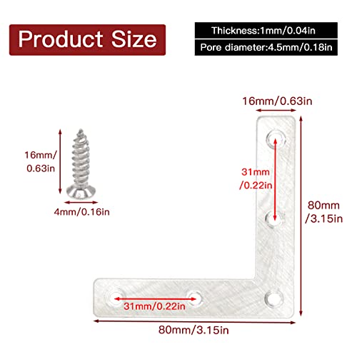 20-Pack Stainless Steel L-Shape Corner Brace 3.15x3.15Inch for Wood - size: Silver 80x80 mm