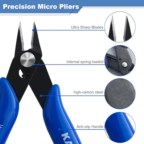 KAIHAOWIN Micro Wire Cutters with Spring, 2 Pack, 5 inch Precision Mini Flush Cutters Bulk, Nippers, Flush Cutting Pliers, Wire Snips, Small Side Cutters for Electronics Crafts Jewelry-Blue - size: 2 Pack