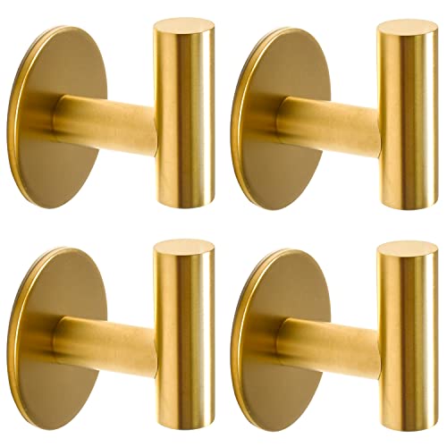 Vuzvuv Brushed Gold Self Adhesive Stainless Steel Towel Hooks (4-Pack) | SUS304, Self-Adhesive, Heavy Duty, Waterproof, Coat Robe Wall Hook for Bathrooms Kitchen Hotel - color: Gold-4 Pcs