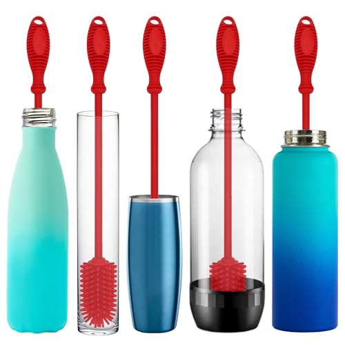 Kitchiny Silicone Bottle Brush 12.5 inch with 2 Straw Cleaners – Red | Bottle Cleaner Brush for Yeti, Hydro Flask, Owala, Stanley, Baby Bottles, Vases & Narrow Neck Containers - color: Red