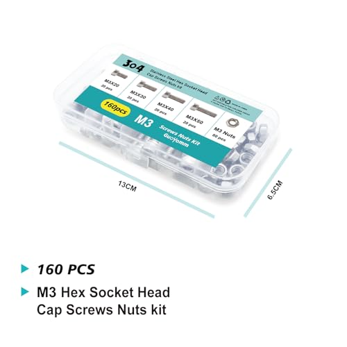 M3 x 20mm 30mm 40mm 50mm Hex Socket Head Cap Screws Bolts and Nuts, Stainless Steel 304, Bright Finish, Metric Allen Drive, Fully Thread, Assortment Kit 160PCS - size: Socket M3x20-50mm+Nuts