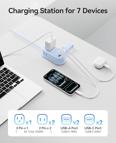 ORICO 65W GaN Travel Power Strip, 7 in 1 Charging Station(3AC, 4 USB Ports) - color: Blue