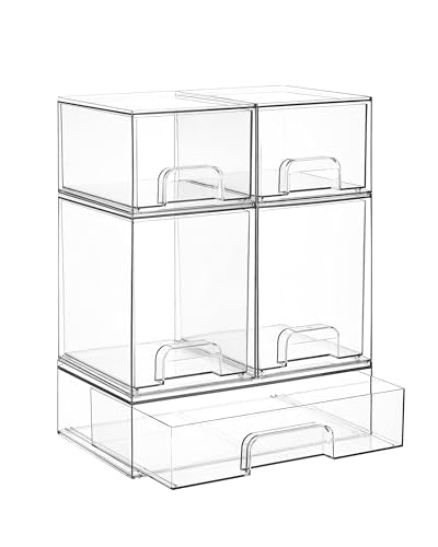 Vtopmart Clear Stackable Storage Drawers Set of 5, Plastic Organizer Bins - style: 2 Small+2 High+1 Wide
