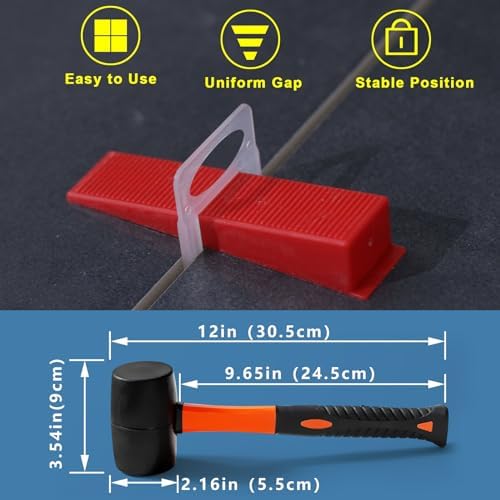 Tile Leveling System 1/8" Spacers Tile Leveler Clips DIY Tile Leveler Spacers 5000 Pcs and Tools Harden Rubber Mallet Hammer 16 oz for Professional Ceramic Tile and Stone Installation