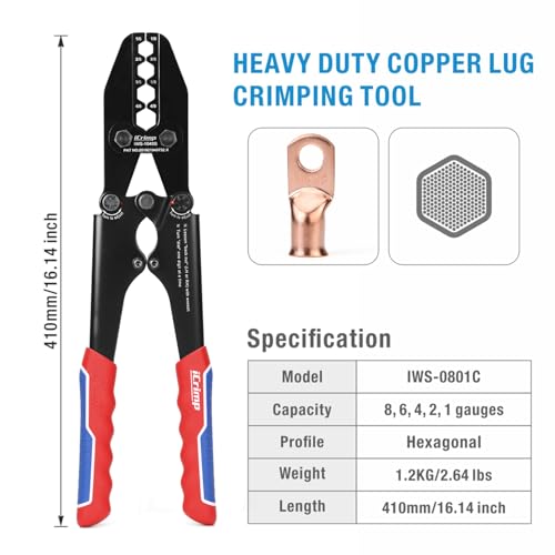 iCrimp Battery Cable Lug Terminal Crimping Tool, for 1/0, 2/0, 3/0, 4/0 Gauge, Battery Cable End, Heavy Duty Lug, Copper Wire Lug Crimper - size: AWG1/0-4/0