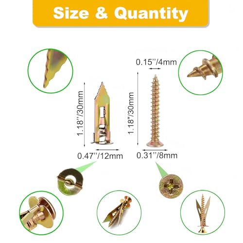 Drywall Self Drilling Anchors with Screws Kit, 200 PCS | 100 PCS Sheetrock Anchors (0.47X1.18inch), 100 PCS Screws, No Drilling or Punching Holes Needed