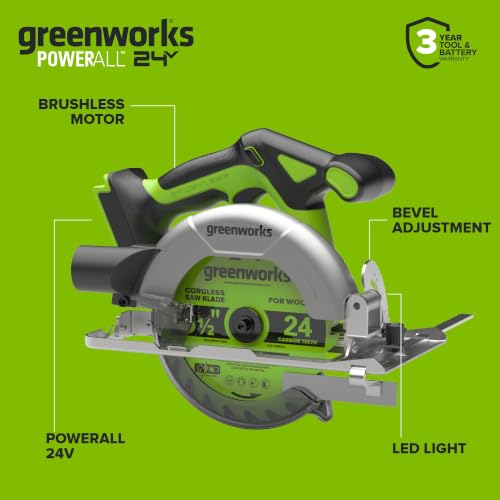 GREENWORKS 24V 1/2” Brushless Cordless Drill (400 In-lbs.) + 6.5” Circular Saw (4,800 RPM), (2) 2.0Ah (12,000mAh Power Bank) USB-C Batteries, Braided Cable, 65W Rapid Charger - size: 2PCS Combo Kits(New)