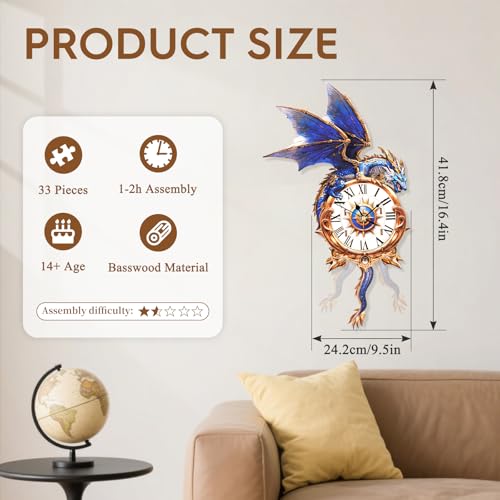 3D Wooden Puzzles for Adults-Blue Dragon Clock Puzzle-Adult Crafts - color: Blue Dragon Clock