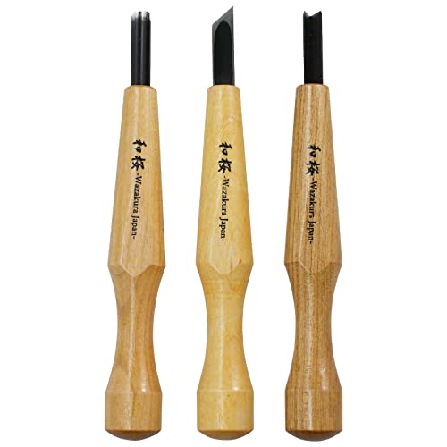 Wazakura 3PCS Bonsai Chisel Kit with Round Gouge, Single Bevel Skewed and V-Parting Tool, Hand Carving Tool Set for Jin Shari Making, Woodworking Knife Pack (3PCS Bonsai Chisel Kit)