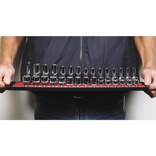 Heavy Duty Socket Organizer with Tray - Ernst Manufacturing 19-Inch Socket Boss 2-Row, 1/4-Inch-Drive Twist Lock Socket Holder, SAE, METRIC, Red (8452) - Automotive Industry - Made in USA, Patented - color: Red, size: 1/4", style: 19-INCH