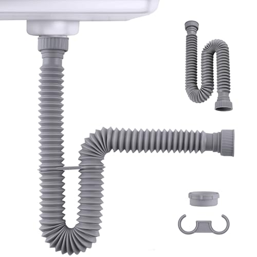 Sink Drain Pipe, Flexible Sink P-Trap Pipe for Kitchen & Bathroom, Gray - color: Gray