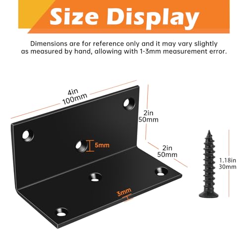 8 Pack Heavy Duty L Brackets 2x2x4in, 90-Degree Corner Brace, Steel Angle Brackets with Screws, for Furniture, Shelves, Cabinets, DIY Projects, Woodworking, and Home Improvement, Black - size: Black-8pcs