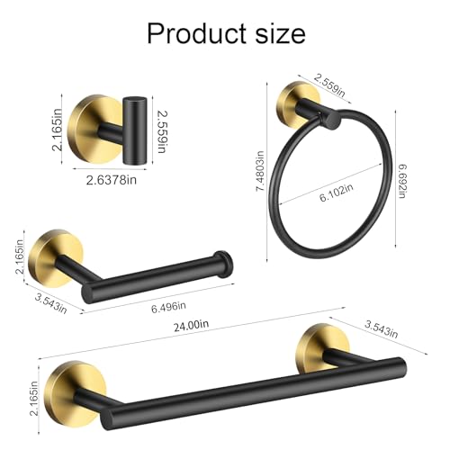 Bathroom Hardware Set 24 Inch, Black Gold Towel Bar Set Including 24" Hand Towel Bars, Toilet Paper Holders, Towel Rings, Robe Towel Hooks - color: Black Gold-10pcs-24inch