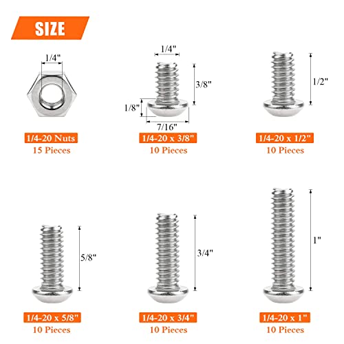 HELIFOUNER 65 Pieces 5 Sizes 304 Stainless Steel 1/4-20 x 3/8" 1/2" 5/8" 3/4" 1" UNC Thread Button Head Socket Cap Screws Bolts Kit - size: 1/4-20, style: Button Head