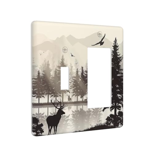 Retro Rustic Deer Forest Lake Pine Tree Silhouette Outlet Covers 1 Toggle 1 Rocker Combination Decorative Wall Plate Electrical Switch Plates Light Switch Cover Plate for Farmhouse Living Room Decor - color: Retro Rustic Deer Forest Lake Pine Tree Silhoue