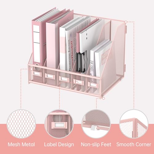 SUPEASY Desk Organizers Metal Desk Magazine File Holder with 5 Vertical Compartments Rack File Organizer for Office Desktop, Classroom, Home Workspace, Pink Plus - color: Pink, size: Large