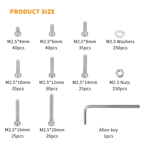 750 Pcs M2.5 Screws, Nuts and Washers Set - Metric Hex Socket Head Cap Bolts Kit - Stainless Steel Machine Screws Assortment With Fully Threaded Hex Nuts - size: M2.5