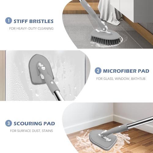 SetSail Tile Tub Scrubber Brush 3-in-1 Long Handle Shower Scrubber, Gray - color: Gray, size: 2 Pads