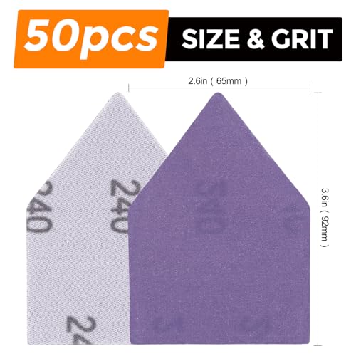 POLIWELL Triangle Sanding Sheets 50PCS 90x65mm Ceramic Alumina - size: 240 Grit