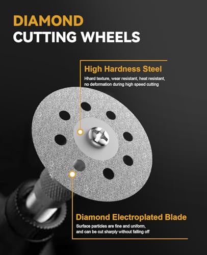 32Pcs Diamond Cutting Wheels and Grinding Bits Set for Dremel - 10Pcs Cutting Discs(22mm), 2Pcs 3mm Mandrel, 20Pcs Drill Bits W/ 1/8" Shank for Rotary Tool - size: 32 Pcs