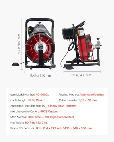 VEVOR Drain Cleaner Machine 50 FT x 5/16 Inch, Auto Feed Sewer Snake Auger with 4 Cutters & Air-Activated Foot Switch for 2" to 4" Pipes - style: 50 FT x 5/16''