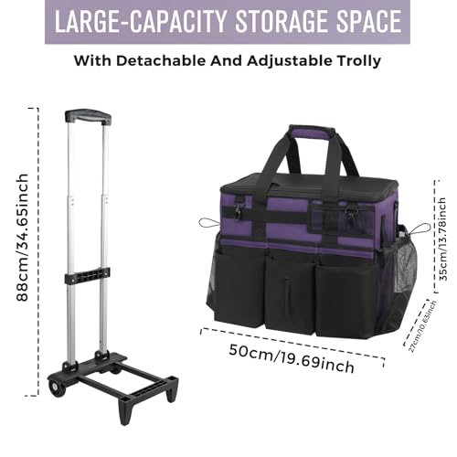 SCAVATA Rolling Cleaning Caddy Bag with Detachable Trolley, Large Cleaning Supplies Organizer with Wheels, Multi Pocket Cleaning Cart with Adjustable Shoulder Strap for Housekeeper & Home, GrapePurple - color: GrapePurple