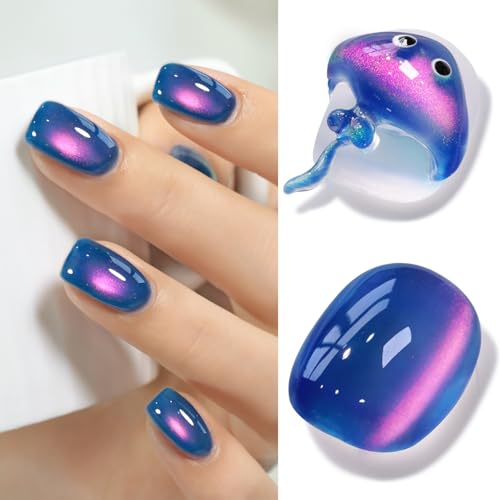 Double Rhythm Jelly Glass Cat Eye Gel Polish with Magnet 15ML Holographic Glitter Shimmer Translucent Sheer Color Magnetic Nail Polish Salon DIY at Home (Navy Blue-MC1264) - color: Aurora Blue Purple